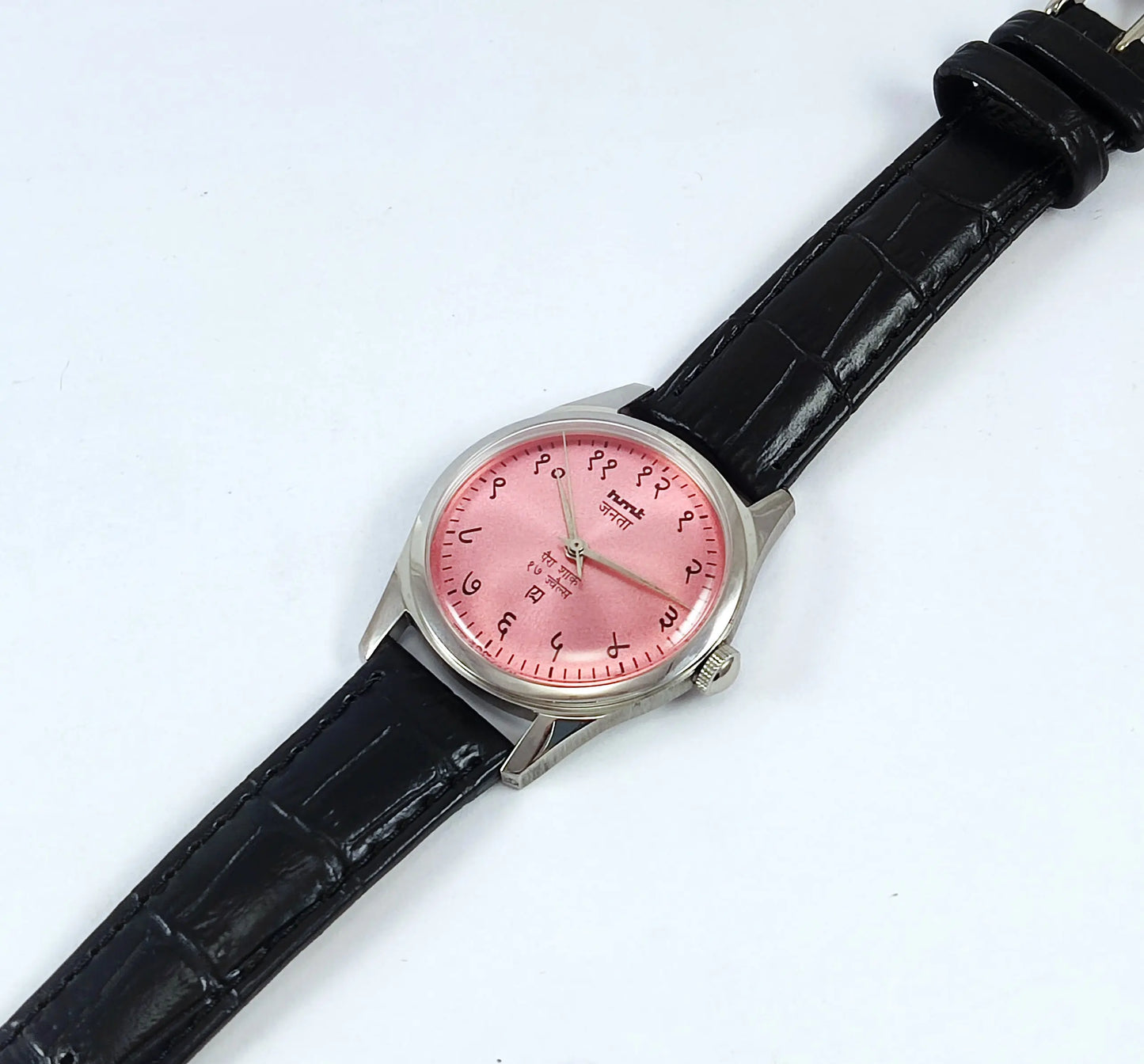 HMT Janata Pink Devanagari Dial Para Shock 17 Jewels Transparent Back Men's Mechanical Watch Discover-Diamonds Physical