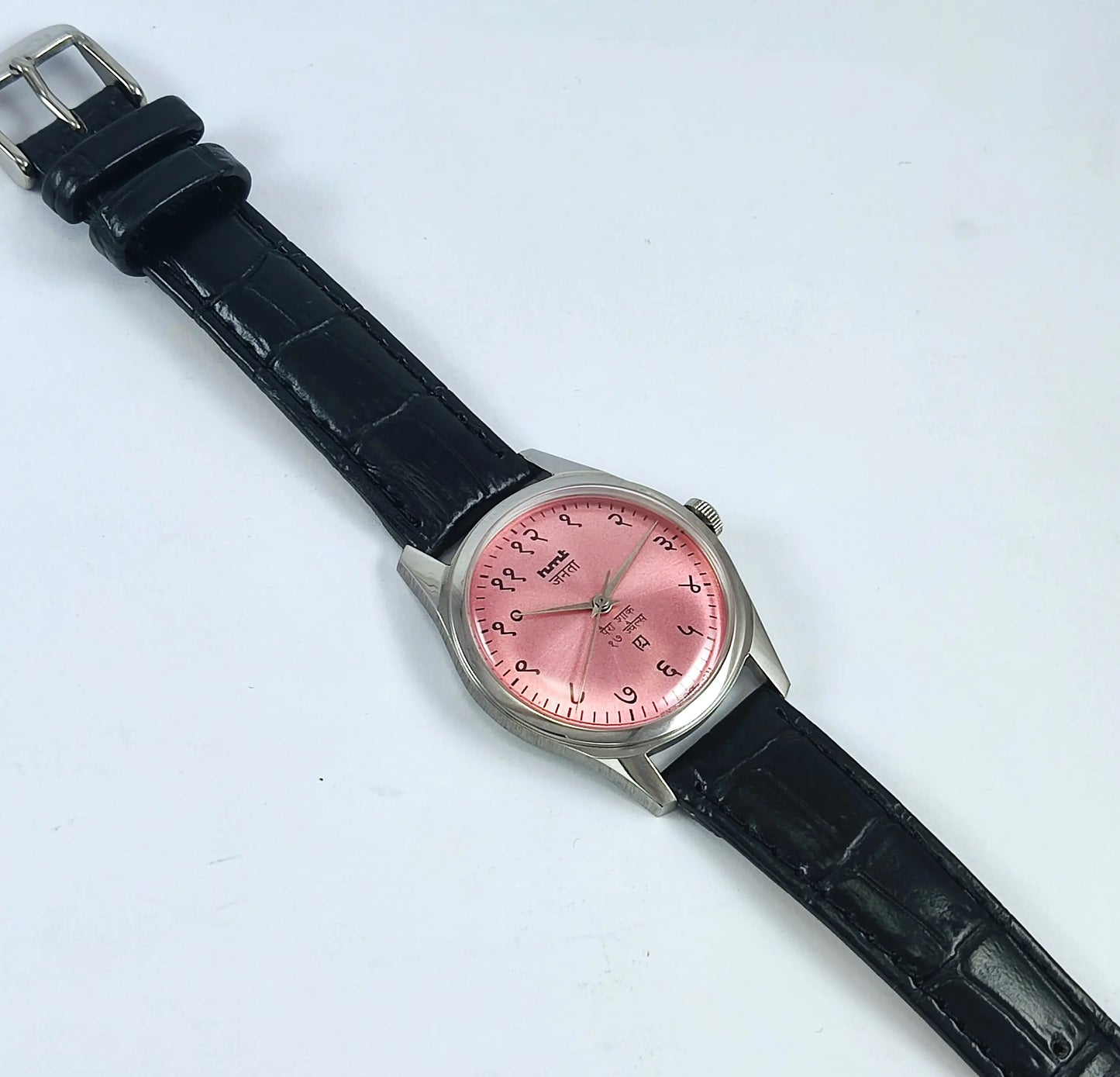 HMT Janata Pink Devanagari Dial Para Shock 17 Jewels Transparent Back Men's Mechanical Watch Discover-Diamonds Physical