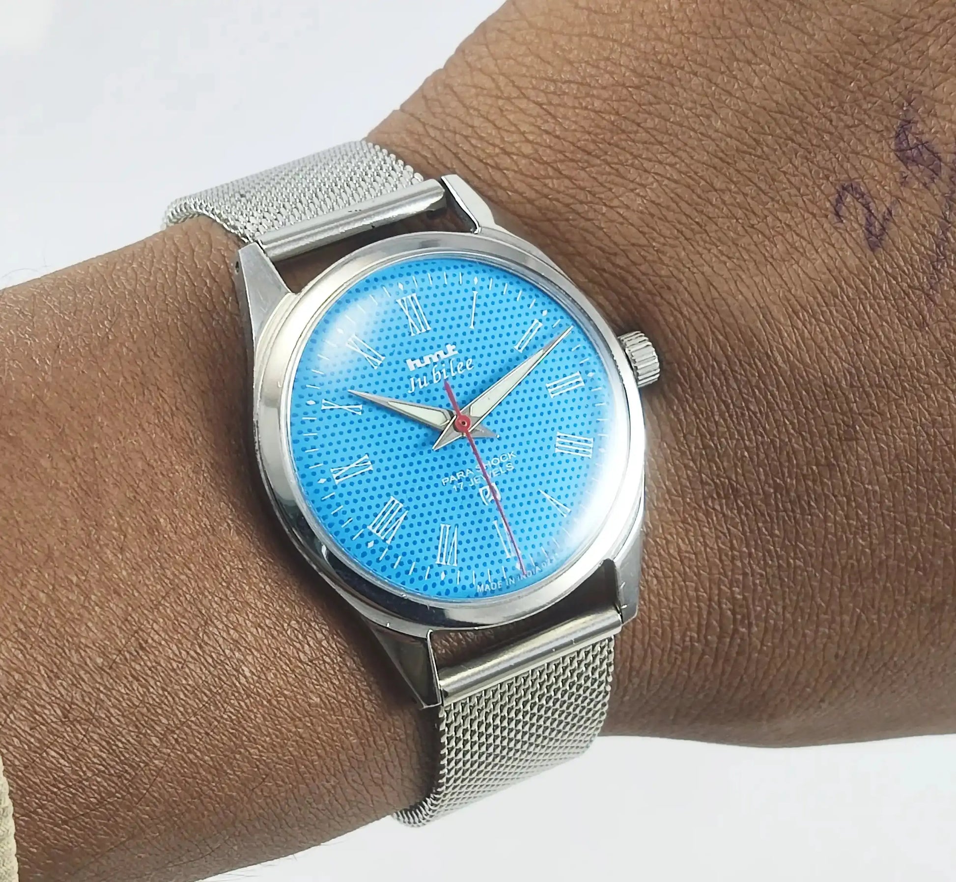 HMT Jubilee Para Shock 17 Jewels Sky Blue Dial Mechanical Handwinding Discover-Diamonds Physical