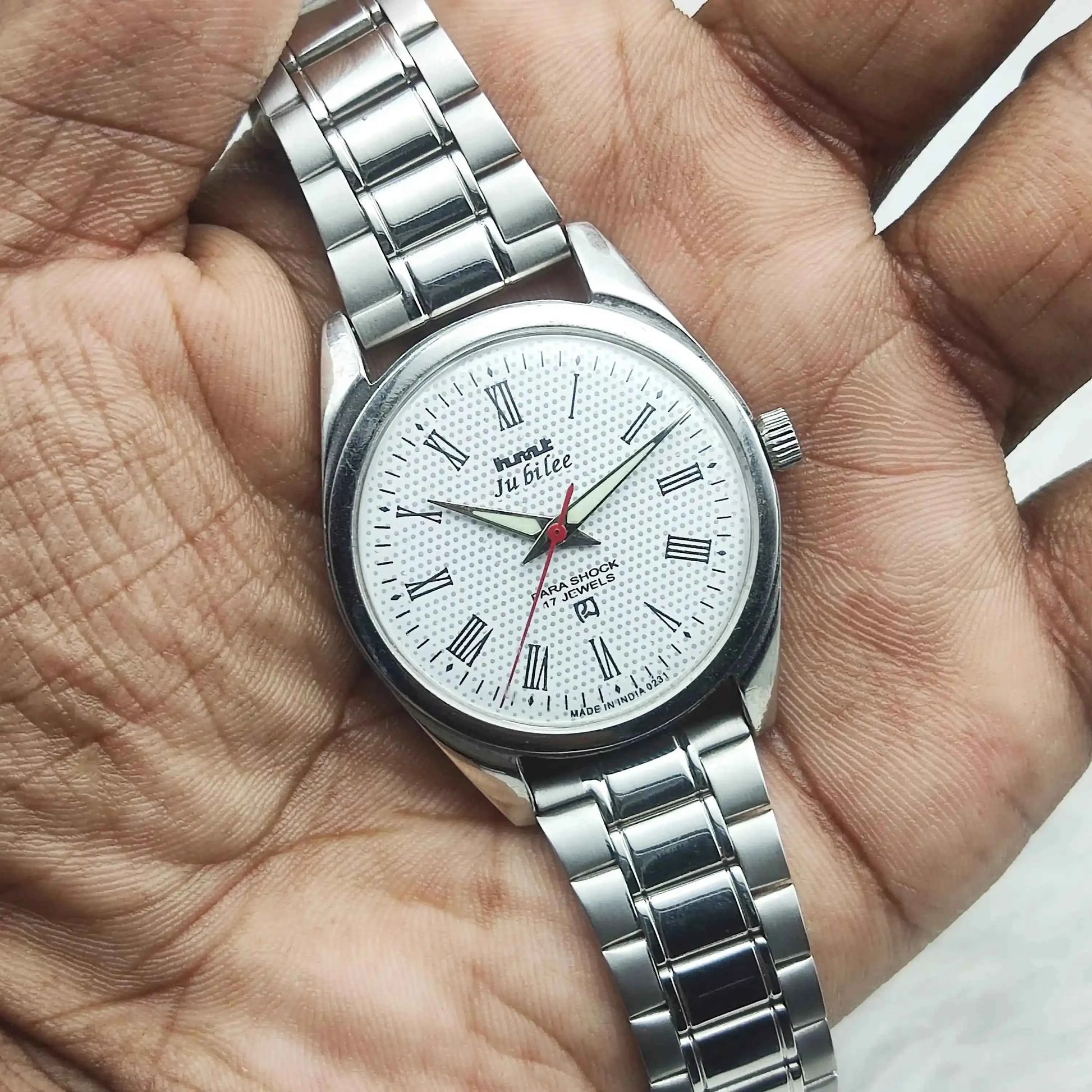 HMT Jubilee Para Shock 17 Jewels White Dial Roman Indices Handwinding Men's Watch