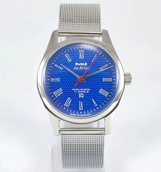 HMT Jubilee Roman Numerals Para Shock 17 Jewels Blue Dial Handwinding Transparent Back Discover-Diamonds Physical