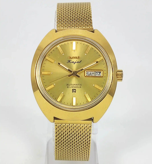 HMT Kajal Automatic 21 Jewels Golden Dial Day Date Watch Discover-Diamonds Physical