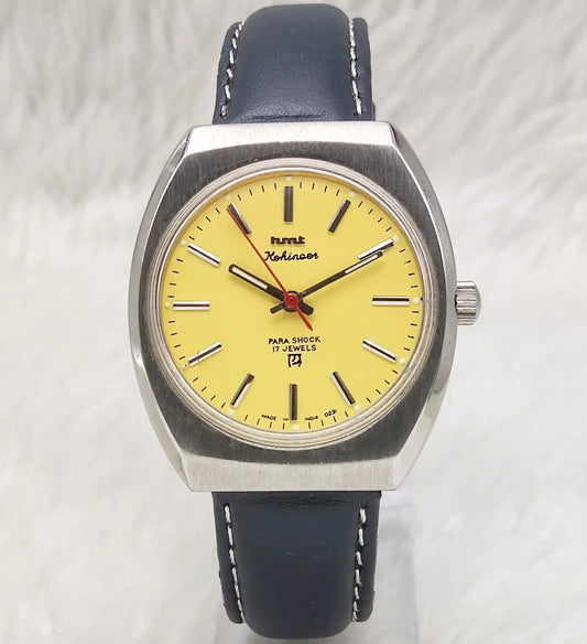HMT Kohinoor 17 Jewels Stick Indices Handwinding Yellow Dial