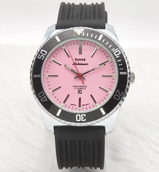 HMT Kohinoor Pink Dial 17 Jewels Transparent Back Handwinding Movemnent Discover-Diamonds Physical