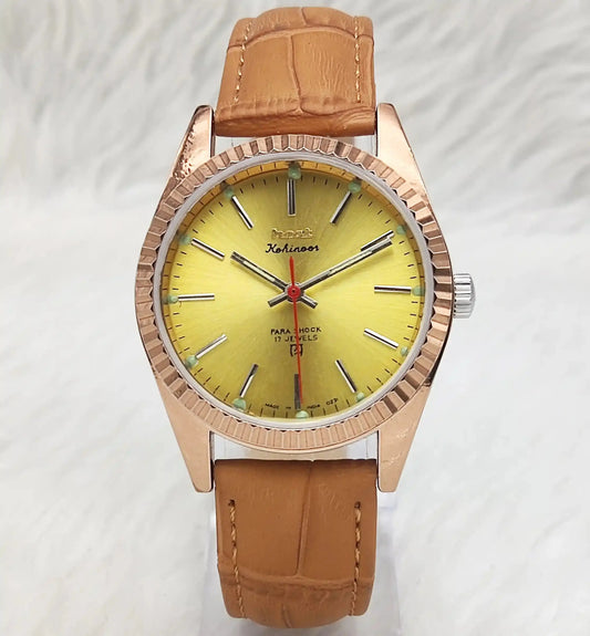 HMT Kohinoor Stick Indices Golden Dial Transparent Back Handwinding