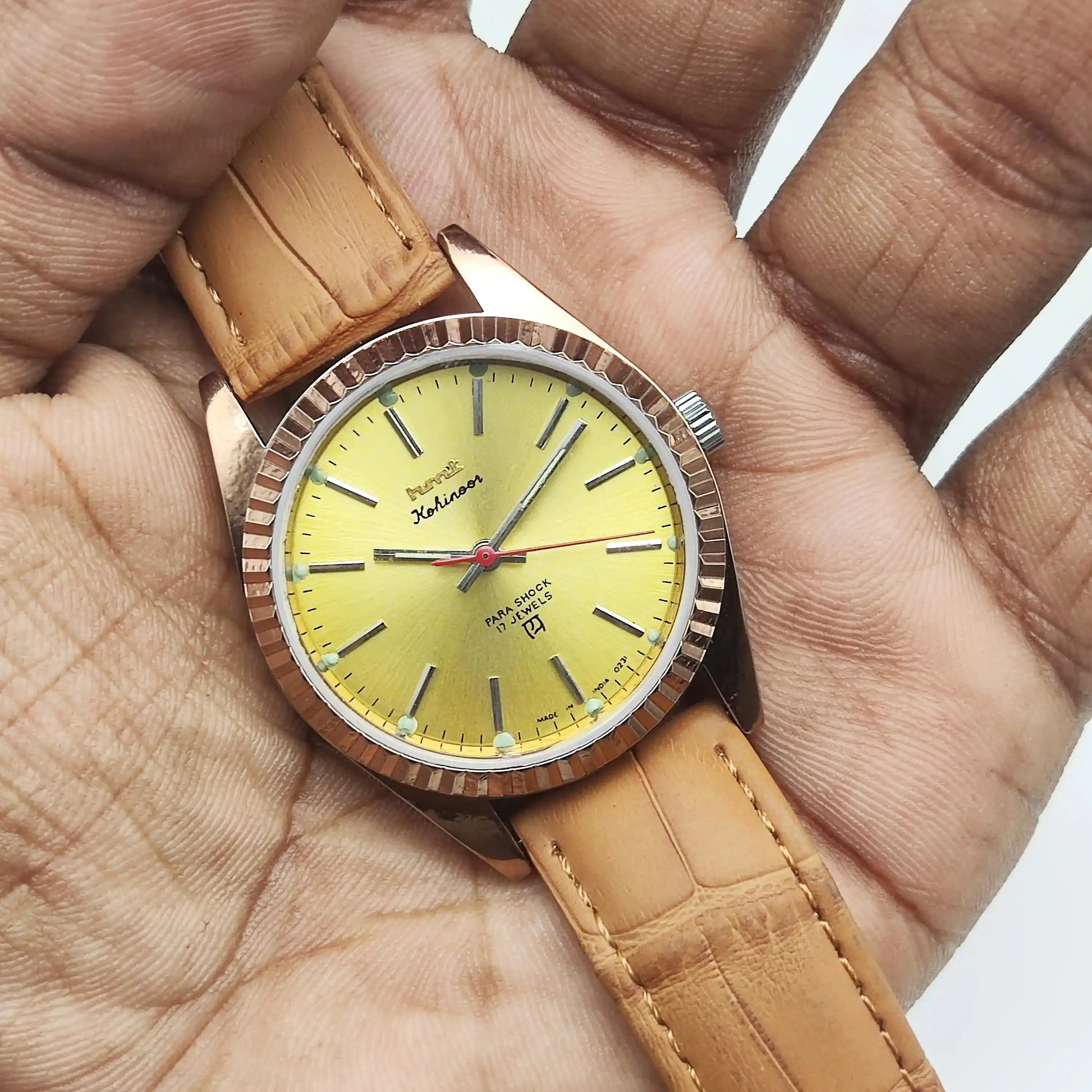 HMT Kohinoor Stick Indices Golden Dial Transparent Back Handwinding