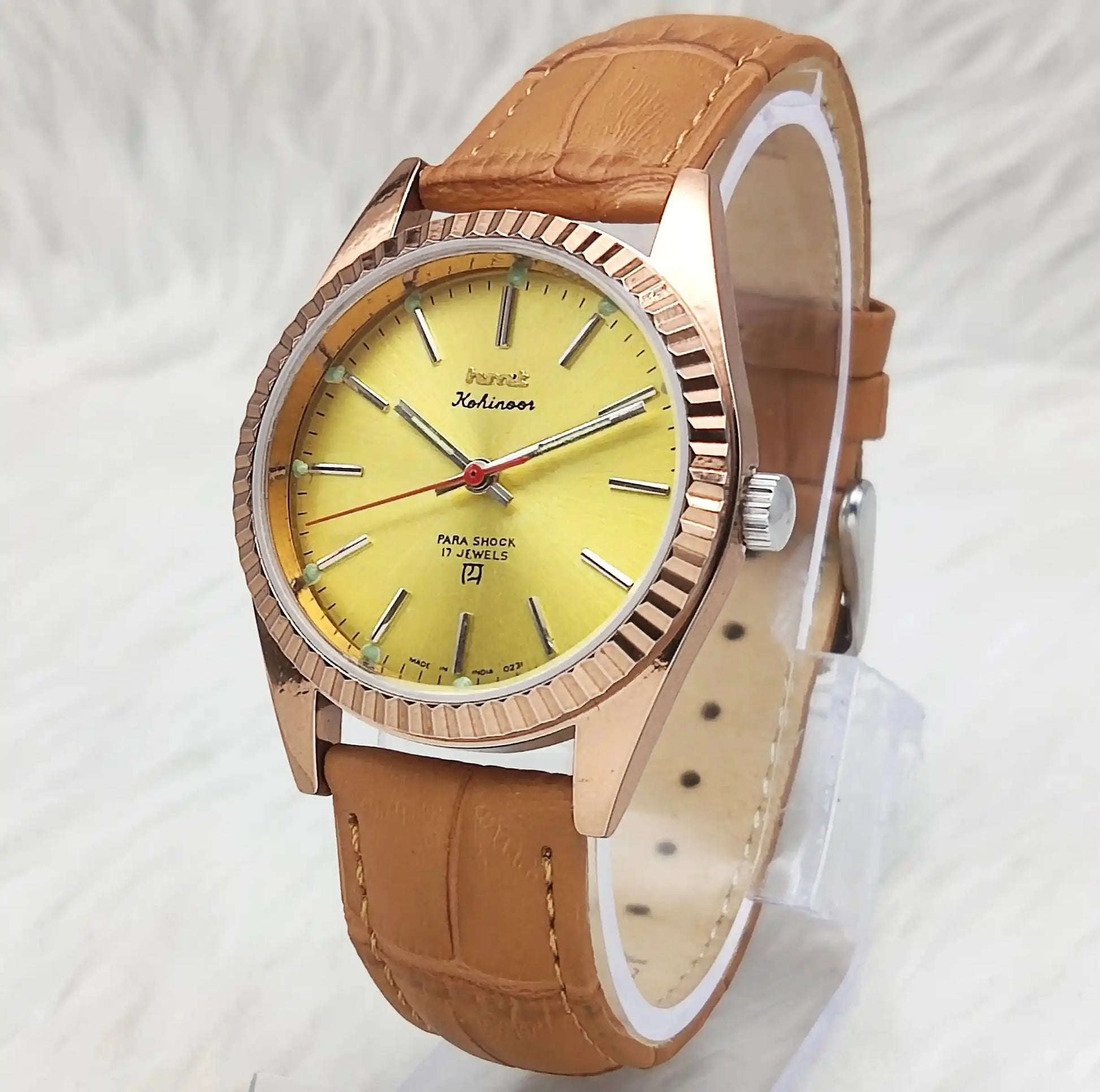 HMT Kohinoor Stick Indices Golden Dial Transparent Back Handwinding
