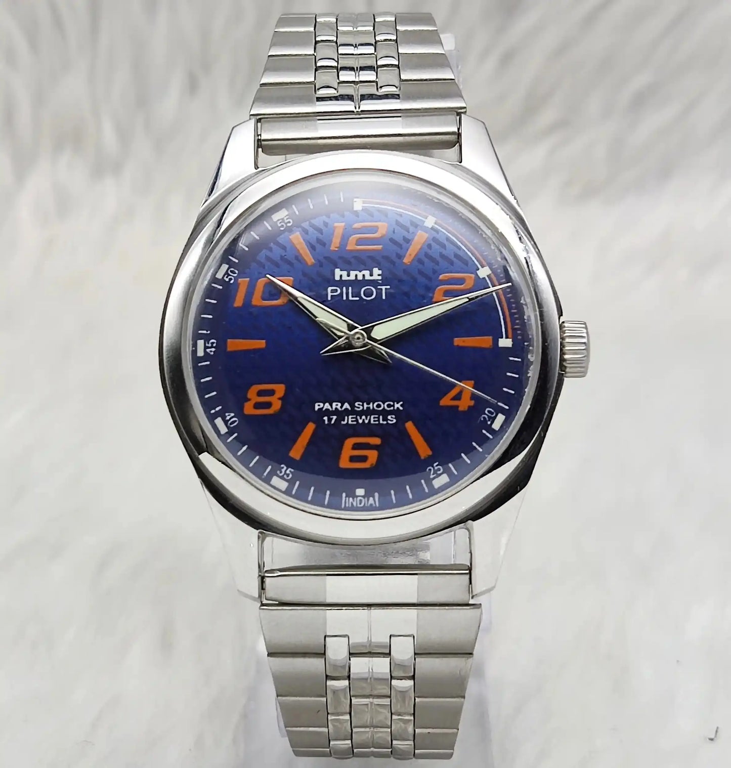 HMT Pilot Blue Dial Stick-Numerals Indices Transparent Back 17 Jewels