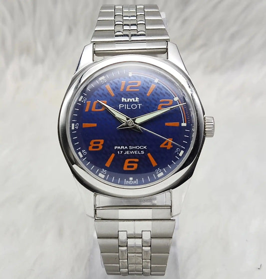 HMT Pilot Blue Dial Stick-Numerals Indices Transparent Back 17 Jewels