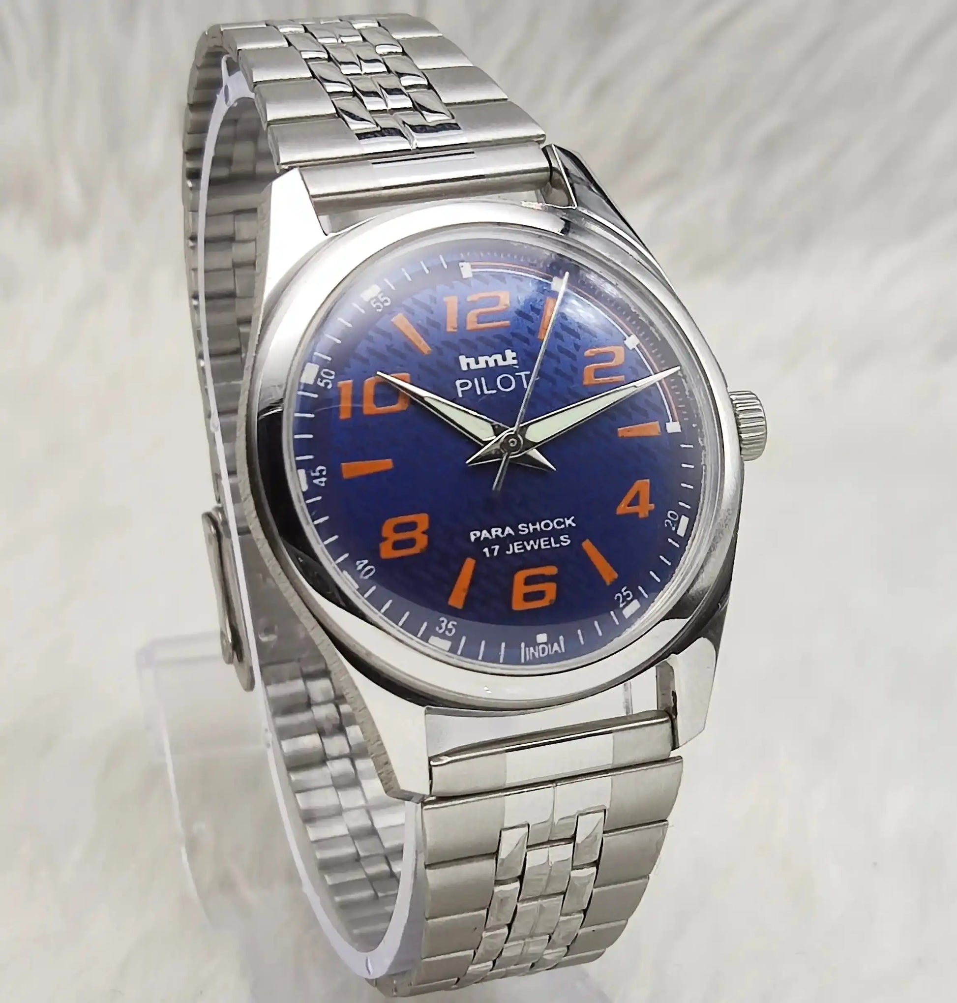 HMT Pilot Blue Dial Stick-Numerals Indices Transparent Back 17 Jewels