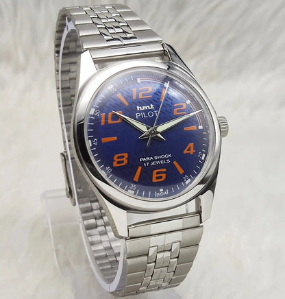 HMT Pilot Blue Dial Stick-Numerals Indices Transparent Back 17 Jewels