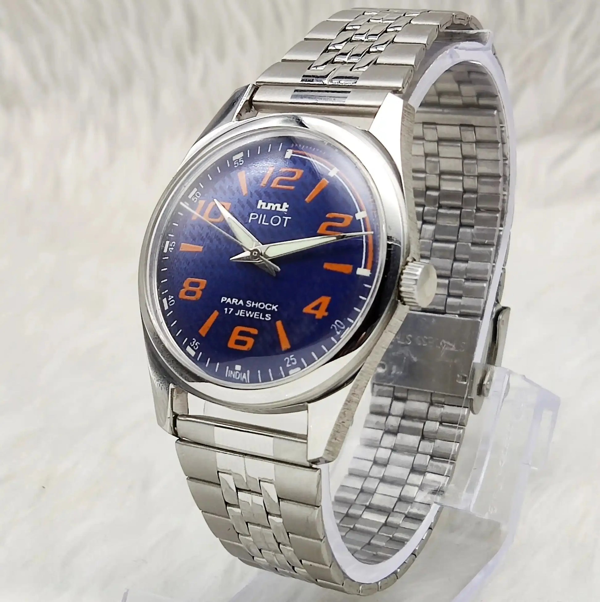 HMT Pilot Blue Dial Stick-Numerals Indices Transparent Back 17 Jewels