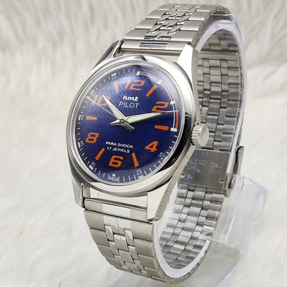 HMT Pilot Blue Dial Stick-Numerals Indices Transparent Back 17 Jewels