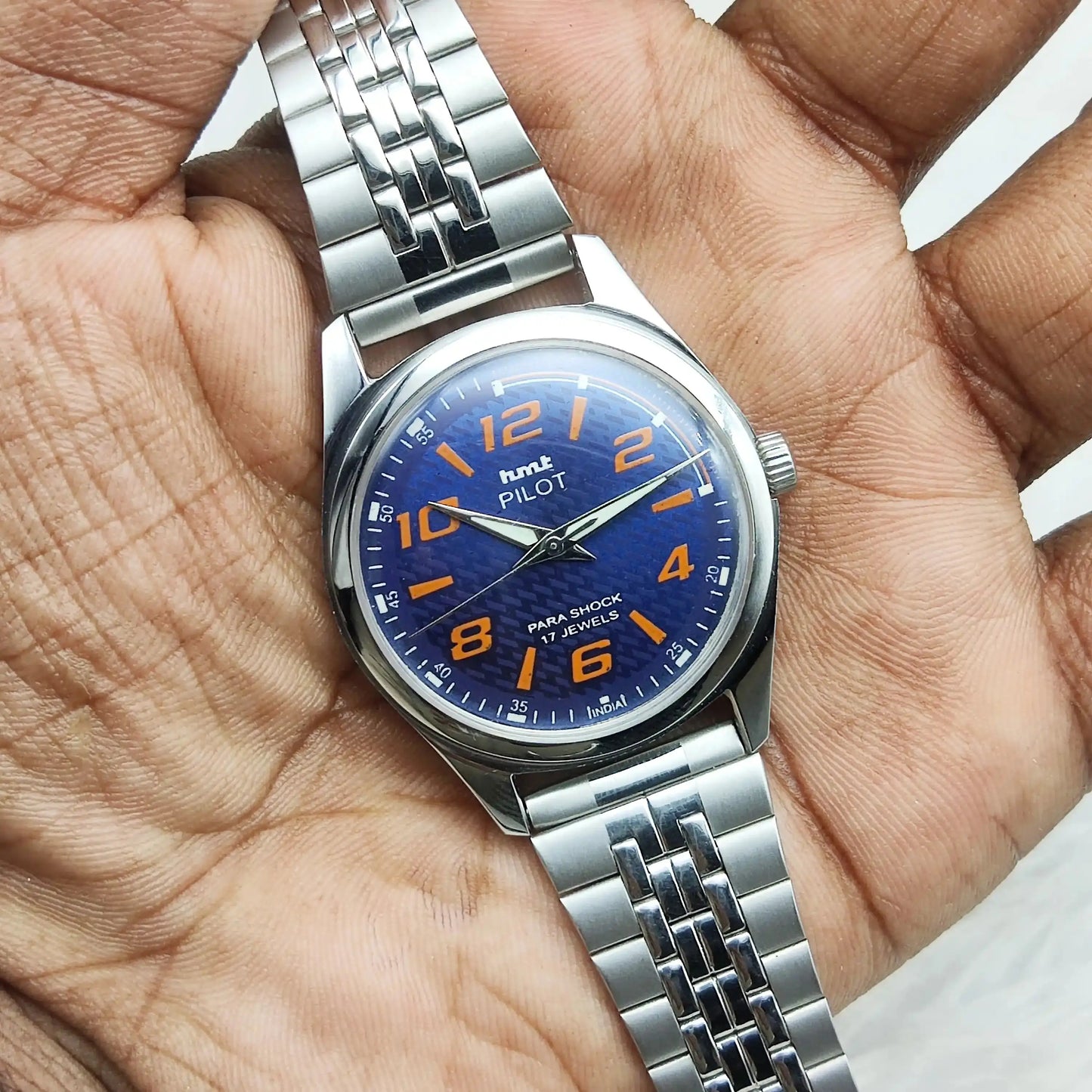 HMT Pilot Blue Dial Stick-Numerals Indices Transparent Back 17 Jewels
