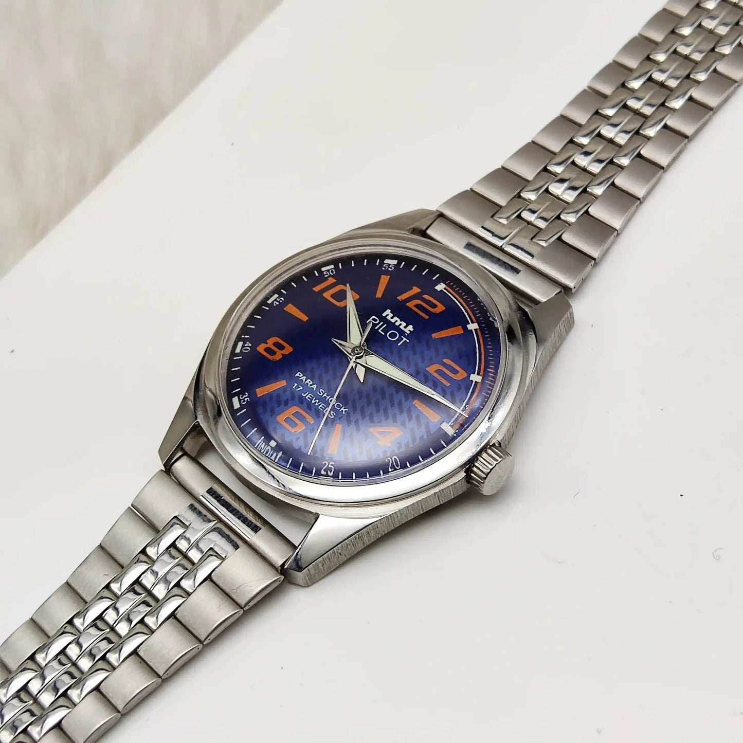 HMT Pilot Blue Dial Stick-Numerals Indices Transparent Back 17 Jewels