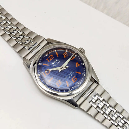 HMT Pilot Blue Dial Stick-Numerals Indices Transparent Back 17 Jewels