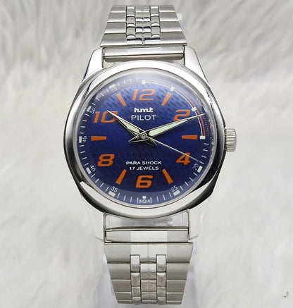 HMT Pilot Blue Dial Stick-Numerals Indices Transparent Back 17 Jewels