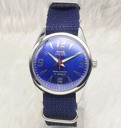 HMT Pilot English Numerals Blue Dial Handwinding 17 Jewels Watch 0231