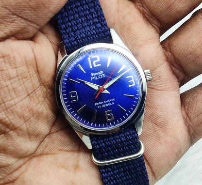HMT Pilot English Numerals Blue Dial Handwinding 17 Jewels Watch 0231