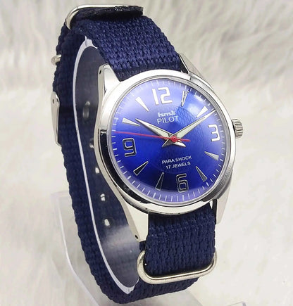 HMT Pilot English Numerals Blue Dial Handwinding 17 Jewels Watch 0231