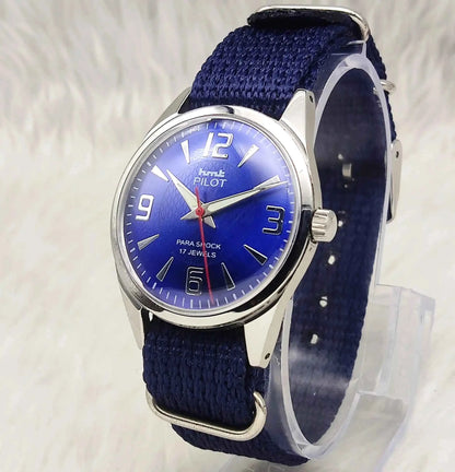 HMT Pilot English Numerals Blue Dial Handwinding 17 Jewels Watch 0231