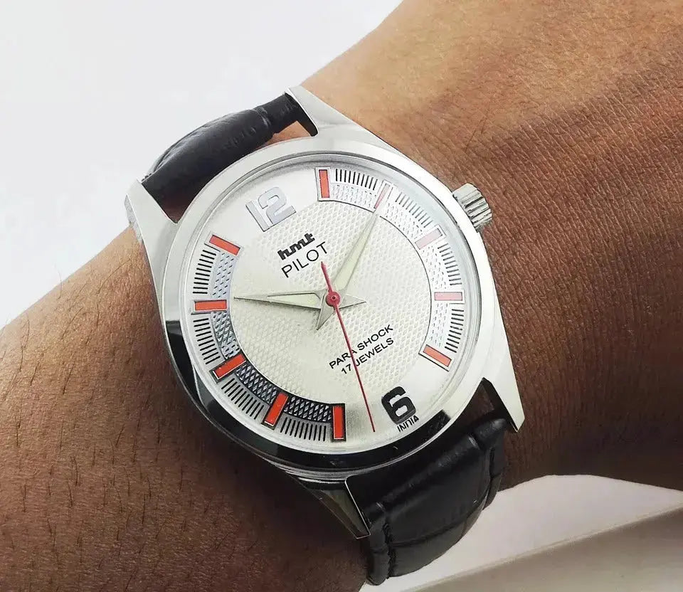HMT Pilot Pearl Dial Para Shock 17 Jewels Transparent Back Mechanical Handwinding Men's Watch 0231 Discover-Diamonds