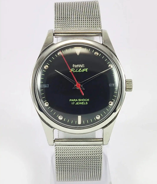 HMT Pilot Para Shock 17 Jewels Black Dial Handwinding Watch - Discover-Diamonds