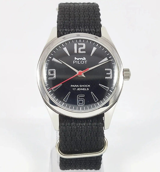 HMT Pilot Para Shock 17 Jewels Black Dial Mechanical Handwinding Discover-Diamonds Physical