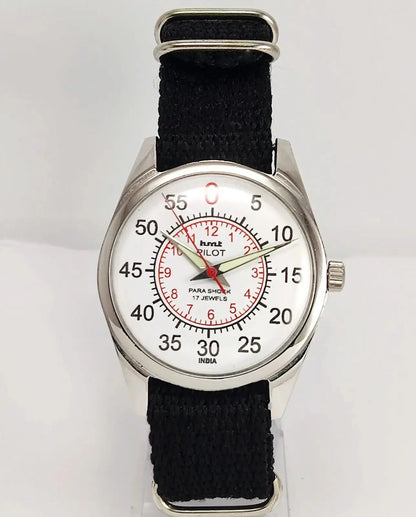 HMT Pilot Para Shock 17 Jewels White Dial Transparent Back Mechanical Handwinding Men's Wrist Watch 0231 Discover-Diamonds