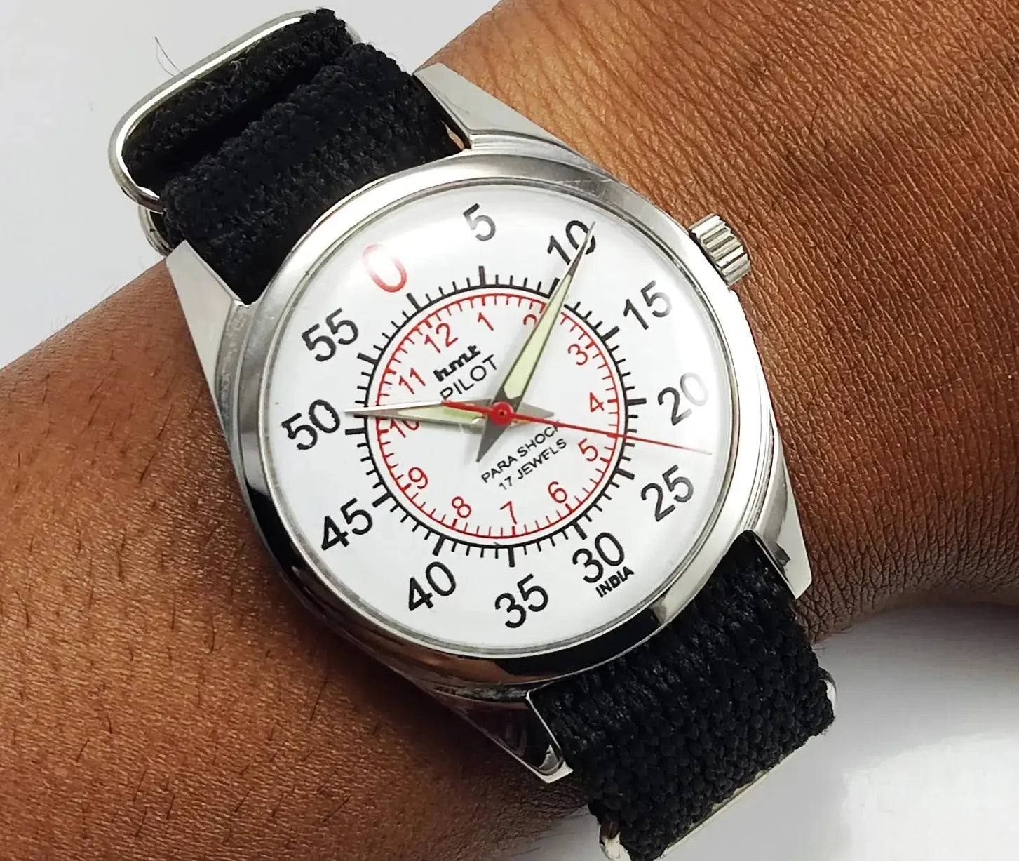 HMT Pilot Para Shock 17 Jewels White Dial Transparent Back Mechanical Handwinding Men's Wrist Watch 0231 Discover-Diamonds