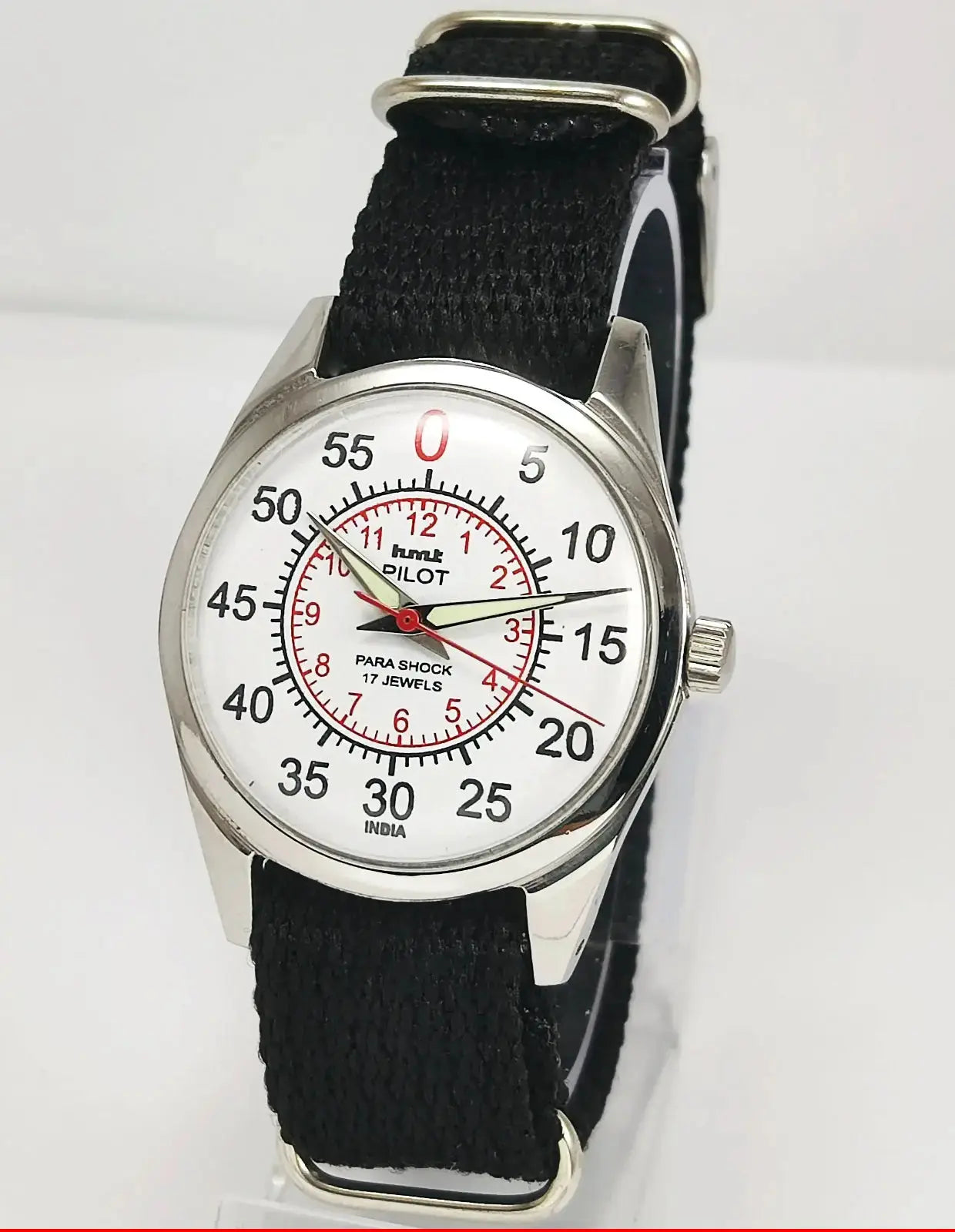 HMT Pilot Para Shock 17 Jewels White Dial Transparent Back Mechanical Handwinding Men's Wrist Watch 0231 Discover-Diamonds