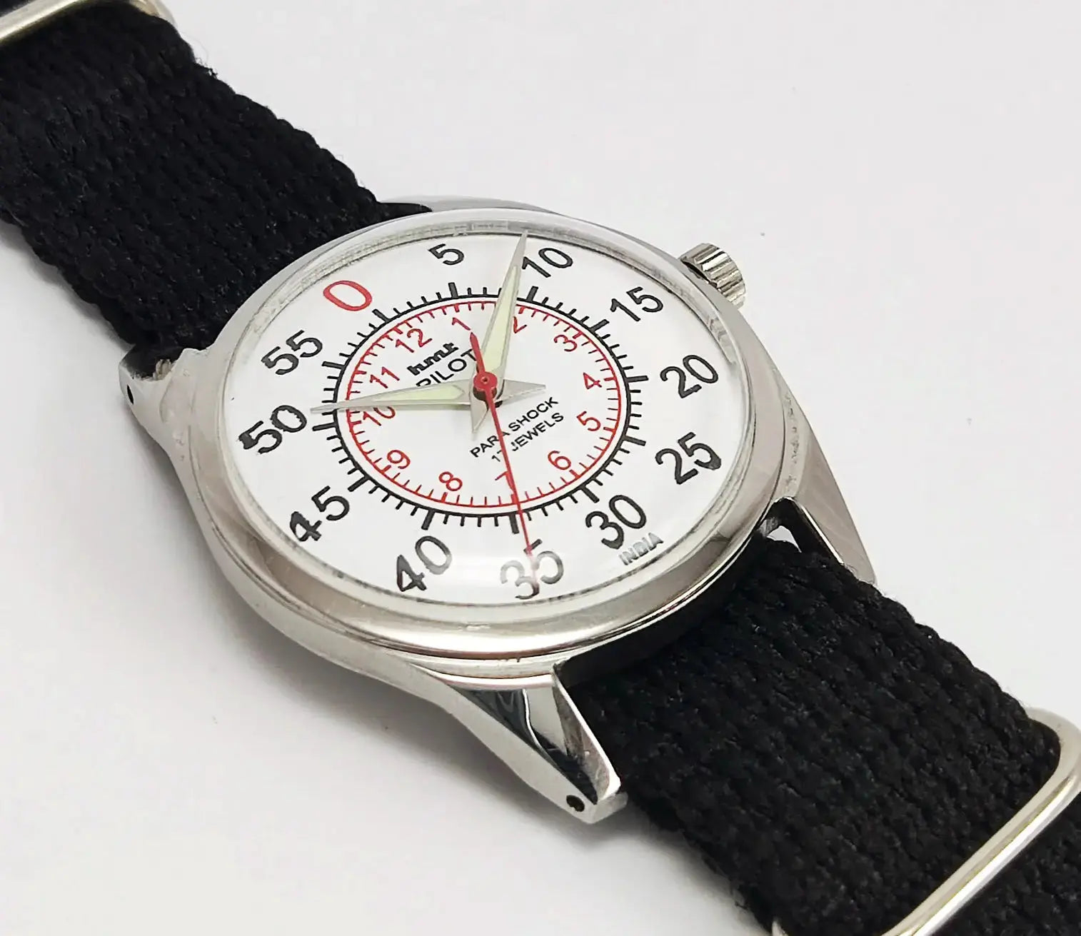 HMT Pilot Para Shock 17 Jewels White Dial Transparent Back Mechanical Handwinding Men's Wrist Watch 0231 Discover-Diamonds