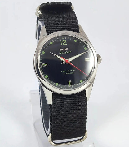 HMT Pilot Para Shock 17 Jewels Black Dial Transparent Back Handwinding Men's Watch Discover-Diamonds Physical