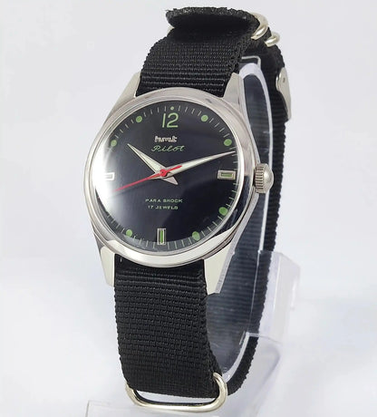 HMT Pilot Para Shock 17 Jewels Black Dial Transparent Back Handwinding Men's Watch Discover-Diamonds Physical