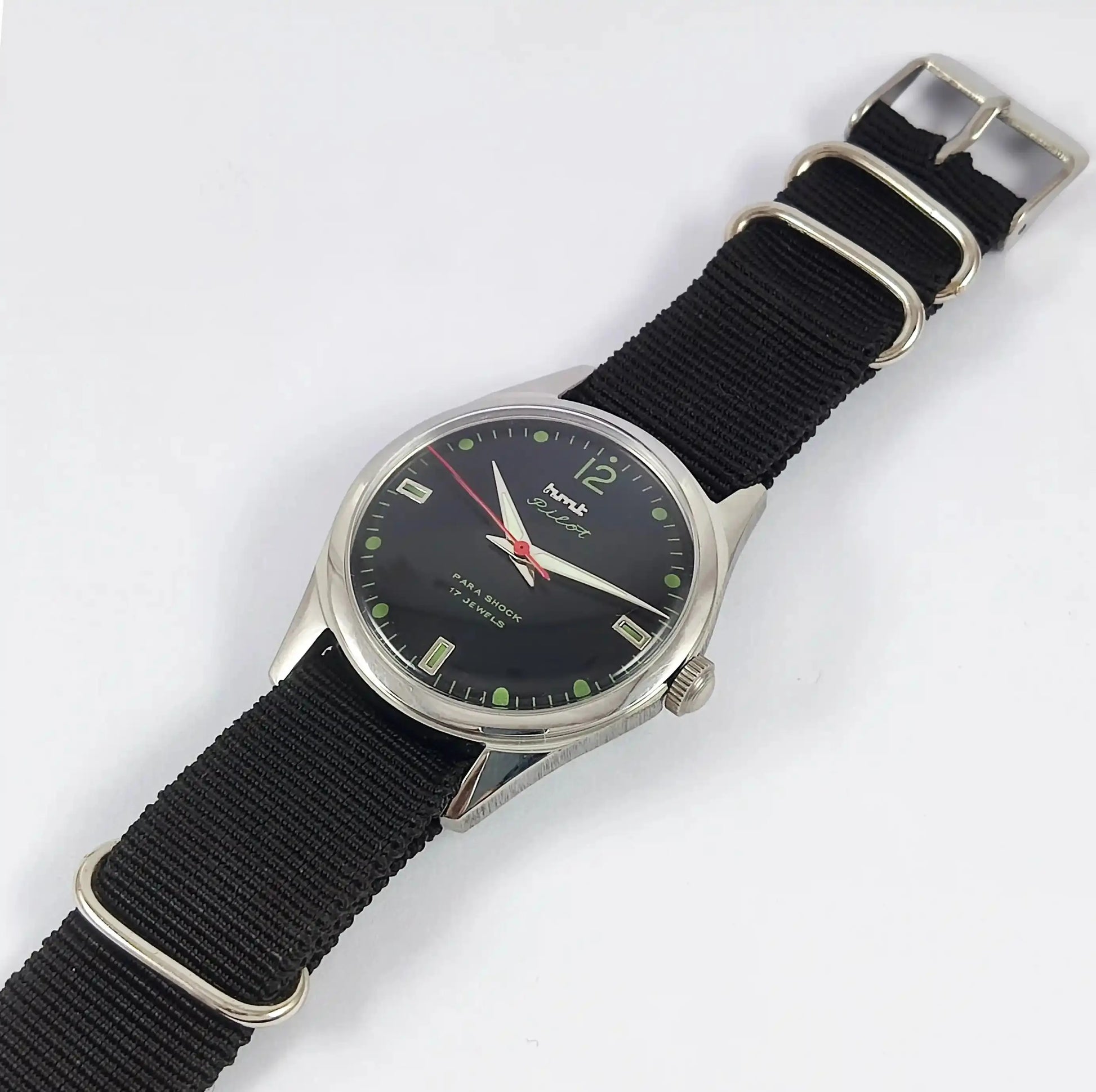 HMT Pilot Para Shock 17 Jewels Black Dial Transparent Back Handwinding Men's Watch Discover-Diamonds Physical