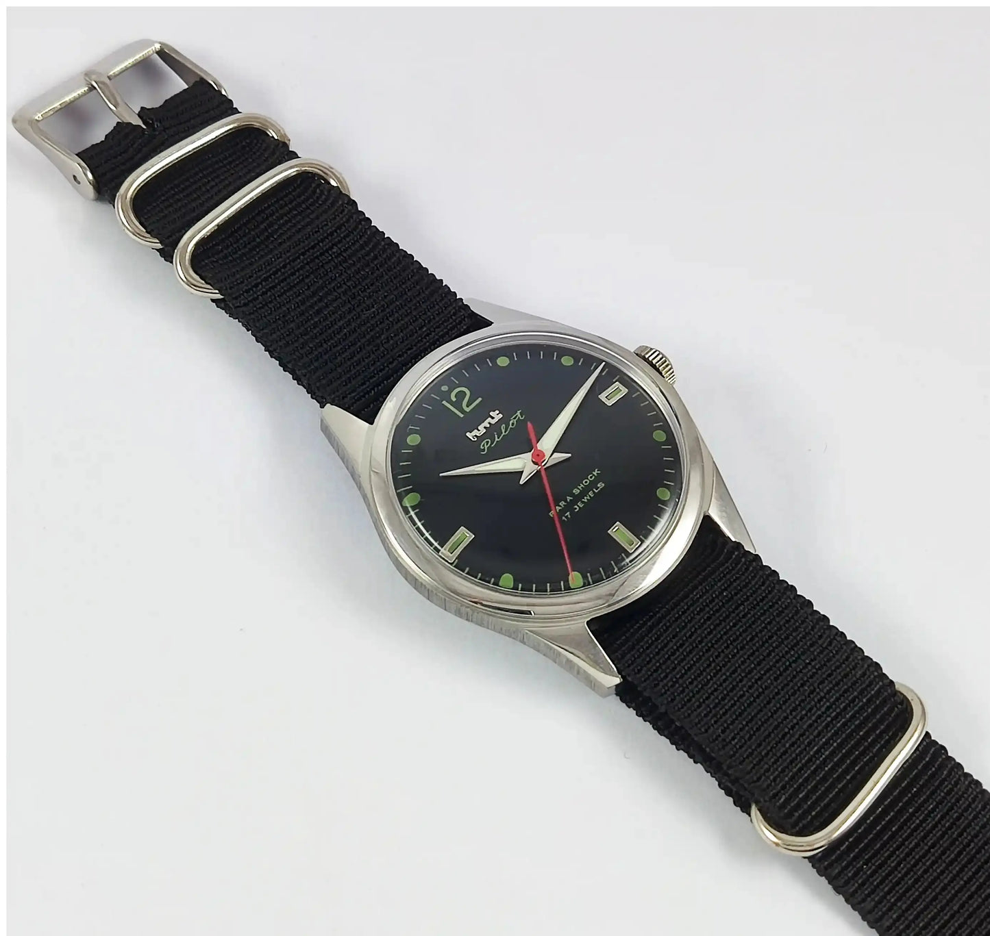 HMT Pilot Para Shock 17 Jewels Black Dial Transparent Back Handwinding Men's Watch Discover-Diamonds Physical