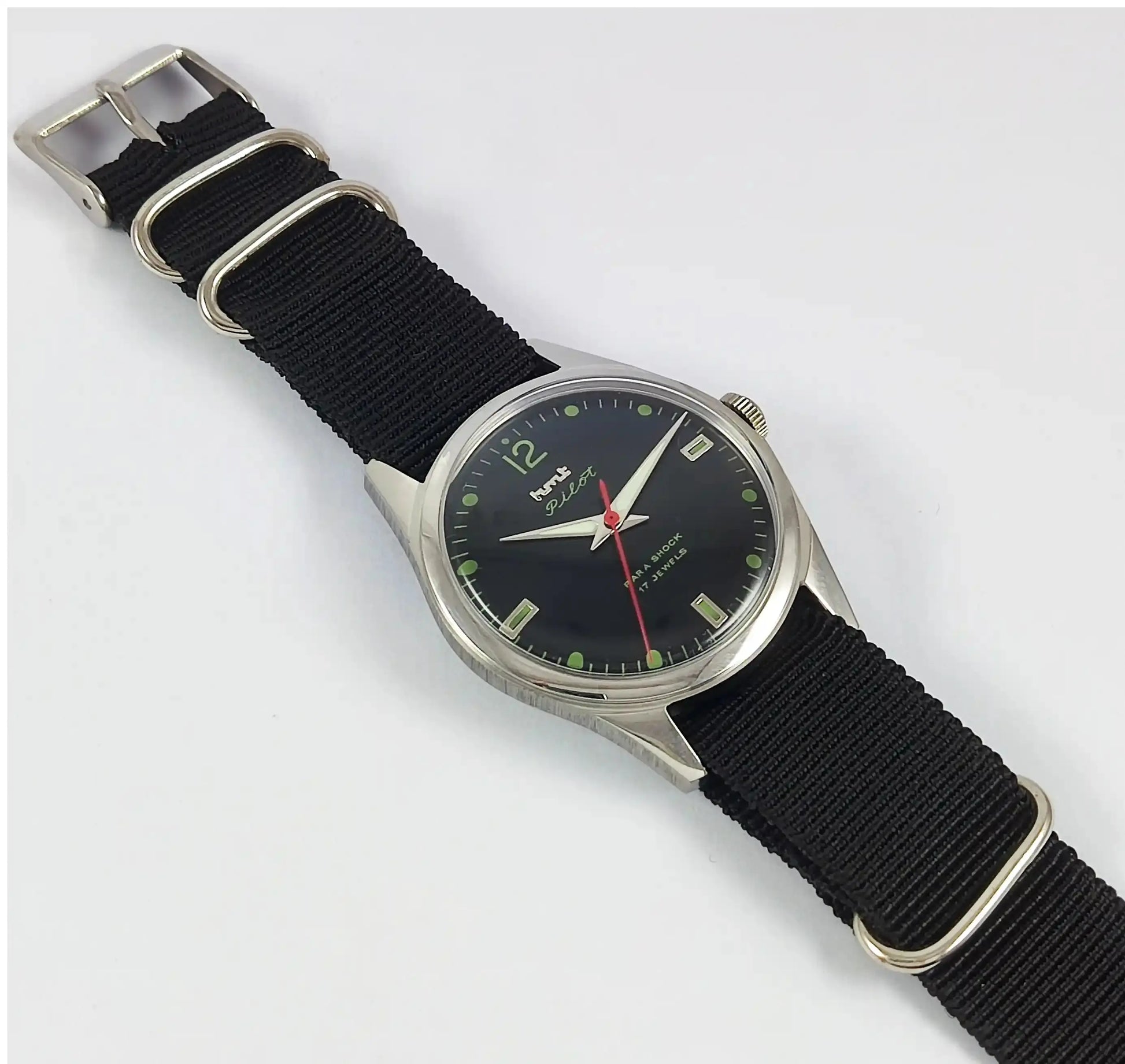 HMT Pilot Para Shock 17 Jewels Black Dial Transparent Back Handwinding Men's Watch Discover-Diamonds Physical