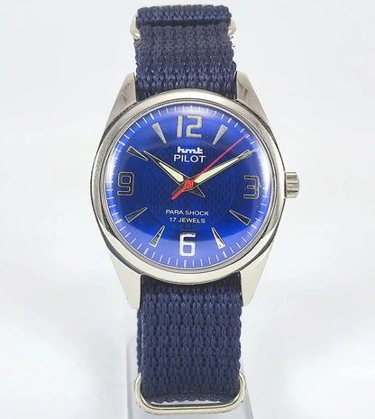 HMT Pilot Para Shock 17 Jewels Blue Dial Handwinding Discover-Diamonds Physical