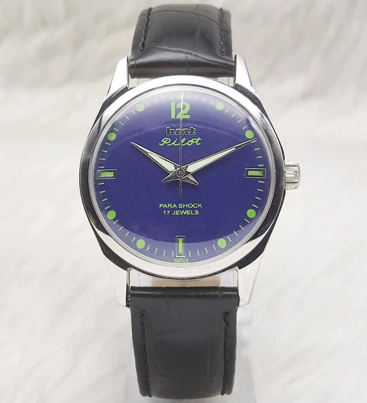 HMT Pilot Para Shock 17 Jewels Blue Dial Stick-Dotted Indices Transparent Back Handwinding