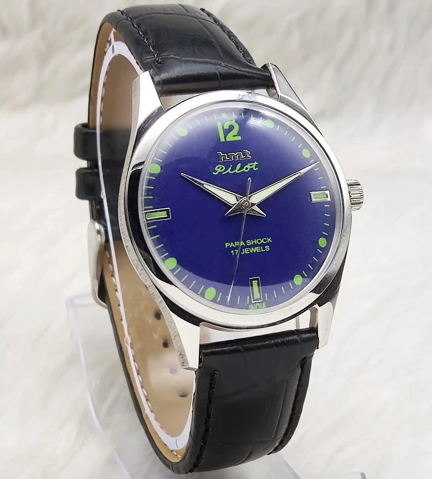 HMT Pilot Para Shock 17 Jewels Blue Dial Stick-Dotted Indices Transparent Back Handwinding