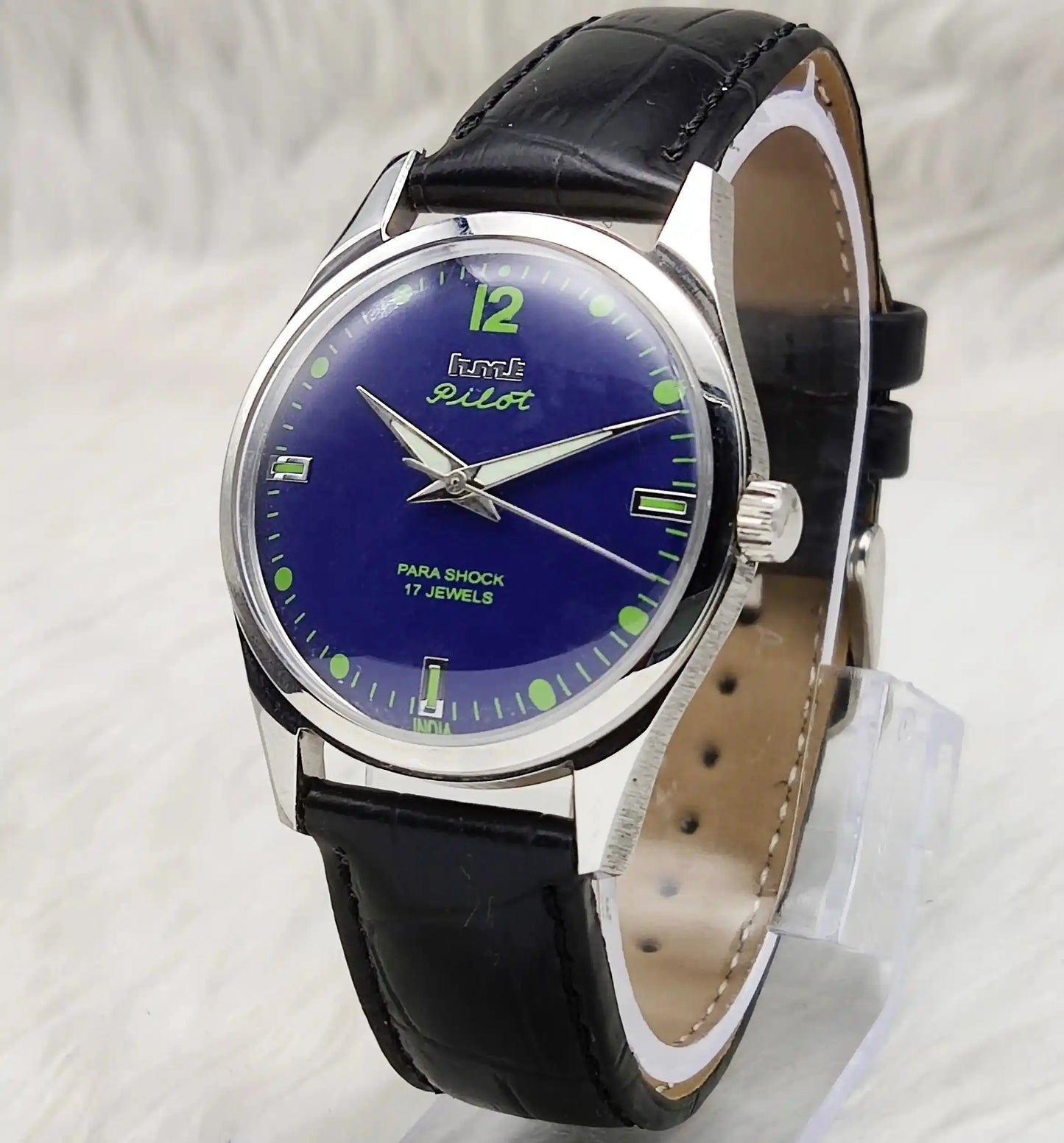 HMT Pilot Para Shock 17 Jewels Blue Dial Stick-Dotted Indices Transparent Back Handwinding