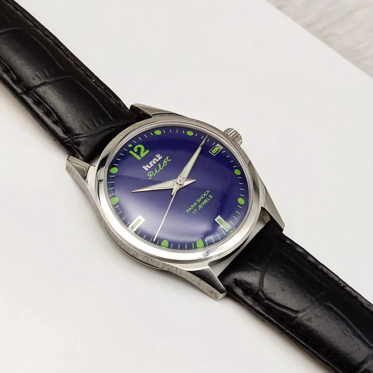 HMT Pilot Para Shock 17 Jewels Blue Dial Stick-Dotted Indices Transparent Back Handwinding