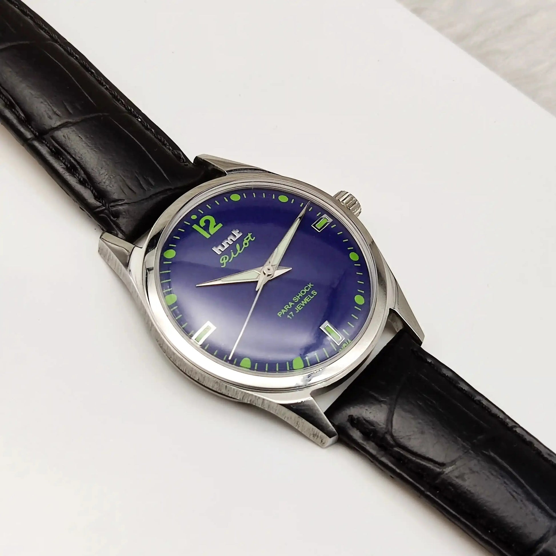 HMT Pilot Para Shock 17 Jewels Blue Dial Stick-Dotted Indices Transparent Back Handwinding