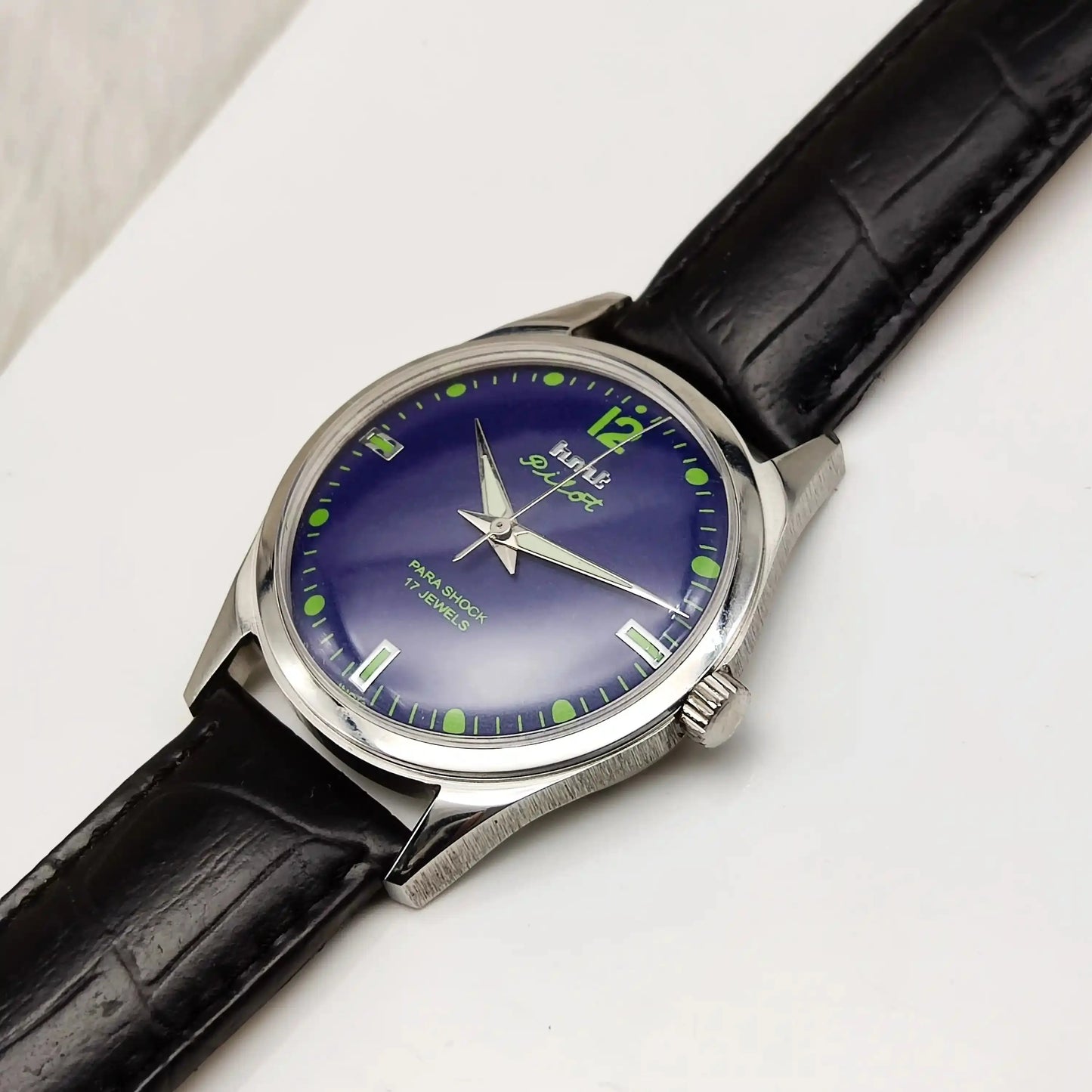 HMT Pilot Para Shock 17 Jewels Blue Dial Stick-Dotted Indices Transparent Back Handwinding