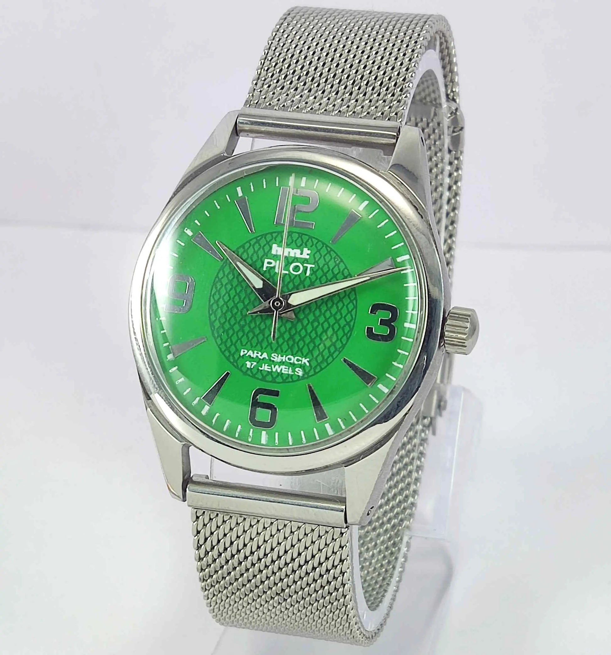 HMT Pilot Para Shock 17 Jewels Green Dial Mechanical Hand winding Men's Wrist Watch Discover-Diamonds