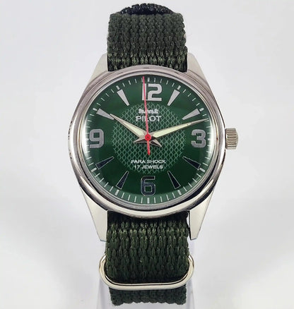HMT Pilot Para Shock 17 Jewels Green Dial Mechanical Handwinding Discover-Diamonds Physical