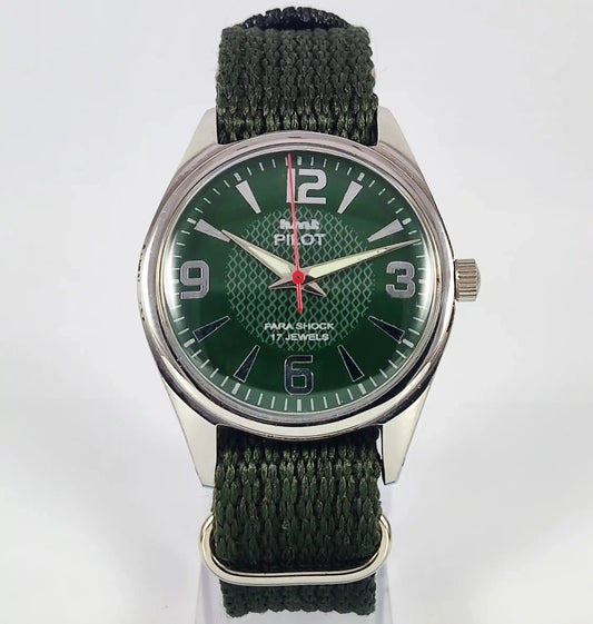 HMT Pilot Para Shock 17 Jewels Green Dial Mechanical Handwinding Discover-Diamonds Physical