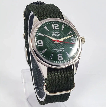 HMT Pilot Para Shock 17 Jewels Green Dial Mechanical Handwinding Discover-Diamonds Physical