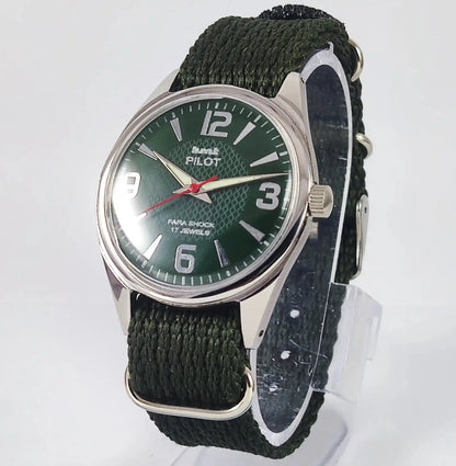 HMT Pilot Para Shock 17 Jewels Green Dial Mechanical Handwinding Discover-Diamonds Physical