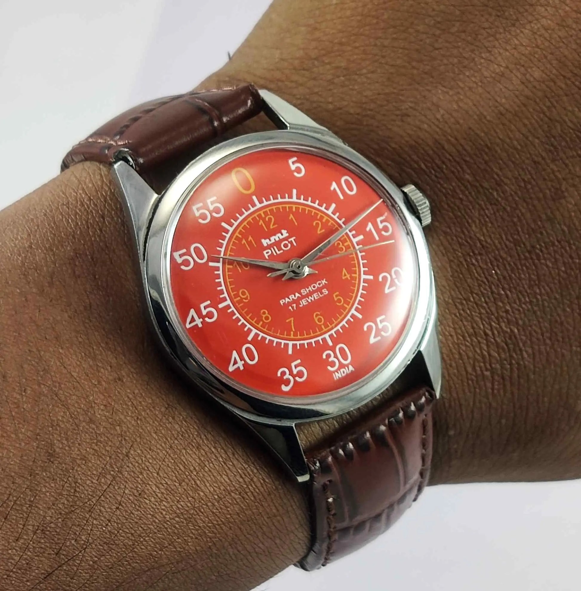 HMT Pilot Para Shock 17 Jewels Red Numerials Dial Mechanical Hand winding Men's Watch Discover-Diamonds